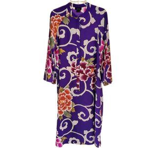 Natori Purple Floral Asian Inspired Shift Dress Size M Long Sleeve Designer